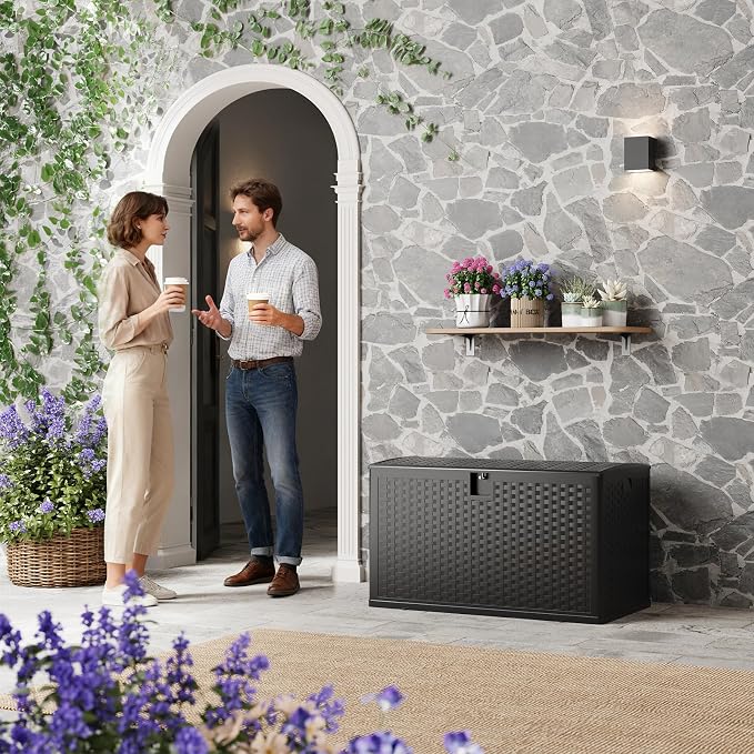 120 Gallon Large Outdoor Deck Storage Box, Waterproof UV Resistant Resin Patio Storage Bin, Lockable Heavy Duty Deck Chest Bench for Patio Cushions Garden Tools Pool Supplies, Black