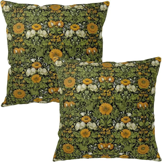 Dark Green Plant Floral Pillow Covers 20x20 Sage Green Botanical Throw Pillow Covers Fern Leaf White Orange Flowers Pillowcase Vintage Wildflower Cushion Case for Couch Sofa 2 Pack