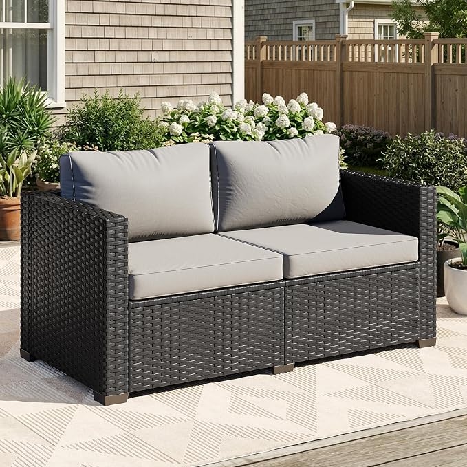 LazySunsets 1-Piece Outdoor Patio Furniture Set, Rattan Outdoor Sectional with Thick Waterproof Cushions, Waterproof Cover, Patio Conversation Set for Garden, Backyard, Porch, Grey