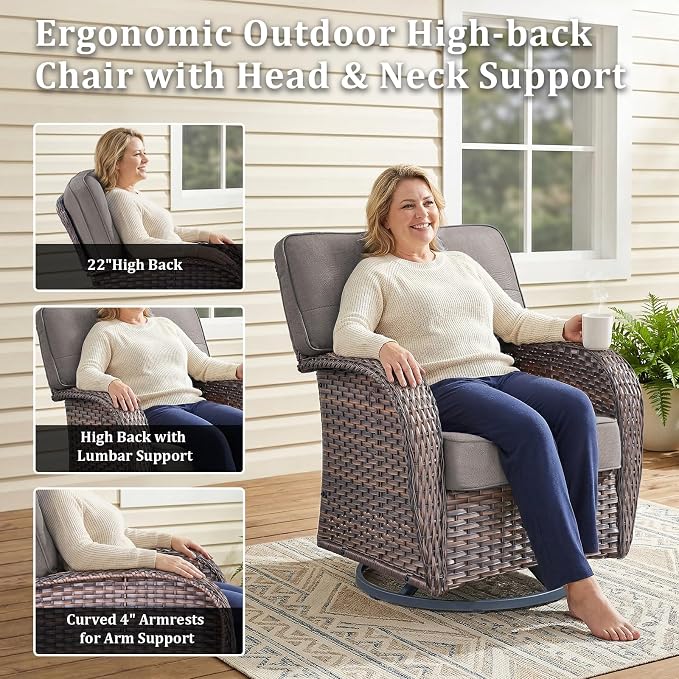 4-Piece Luxury Patio Furniture Set with Fire Pit Table, Weather Resistant Rattan High Back Swivel Rocker Chairs Senior Friendly Conversation Set for Small Porch Deck Sunroom Brown/Grey