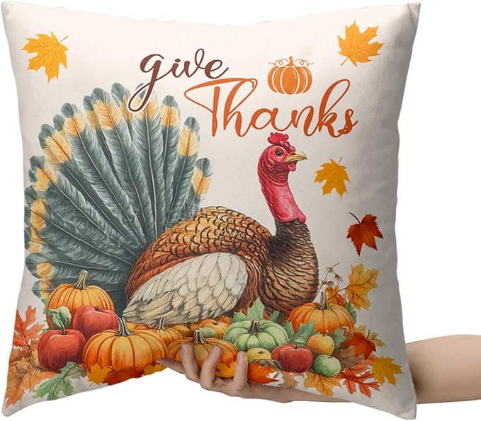 Set of 2 Thanksgiving Throw Pillow Covers 22x22 Turkey with Autumn Pumpkin Pillow Covers Fall Harvest Pillow Case Square Cushion Case for Living Room Couch