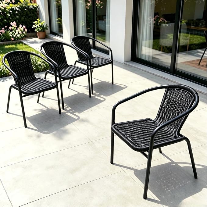 Outdoor Patio Furniture Set 5 Piece with 4 Stackable Black Rattan Chairs and Black Outdoor Metal Dining Table with Umbrella Hole