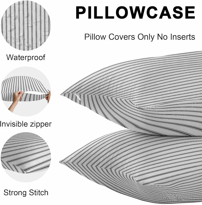 Black Striped Outdoor Pillow Covers 18x18 Inch Throw Pillow Covers Set of 2 Waterproof Decorative Pillow Cases Black White Stripes Farmhouse Cushion Covers for Patio Furniture Garden Couch Sofa