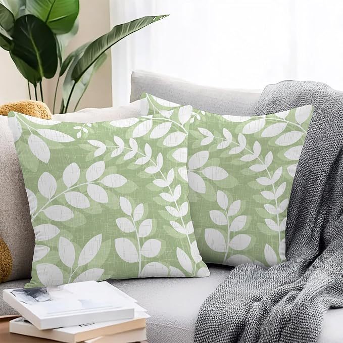 Olive Green Leaves Outdoor Waterproof Throw Pillow Covers 18x18 Set of 2, Farmhouse Botanical Branch Vintage Boho Decorative Pillowcases Cushion Pillowcase for Couch Sofa Patio Pillow Protector
