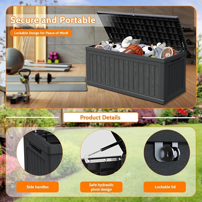 320 Gallon Waterproof Outdoor Storage Box, Lockable Deck Boxes With Handle, Indoor and outdoor Resin Storage Box for Garden Tools, Patio Cushions, Package Delivery, Black