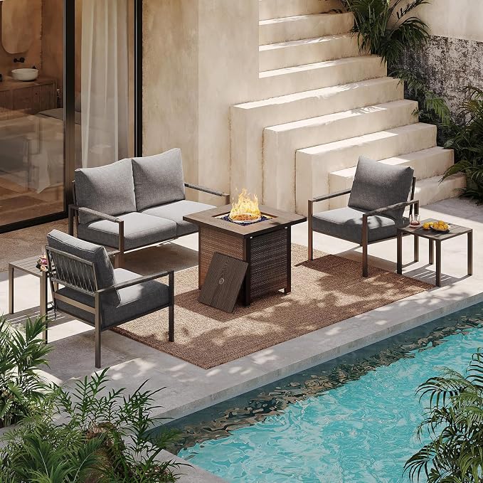 Metal Patio Furniture Set w/Fire Pit Table, 6-Piece Modern Outdoor Conversation Set with 6-Inch Thick Cushions, Outdoor Furniture Set for Garden, Backyard, Balcony, Poolside (Dark Grey)