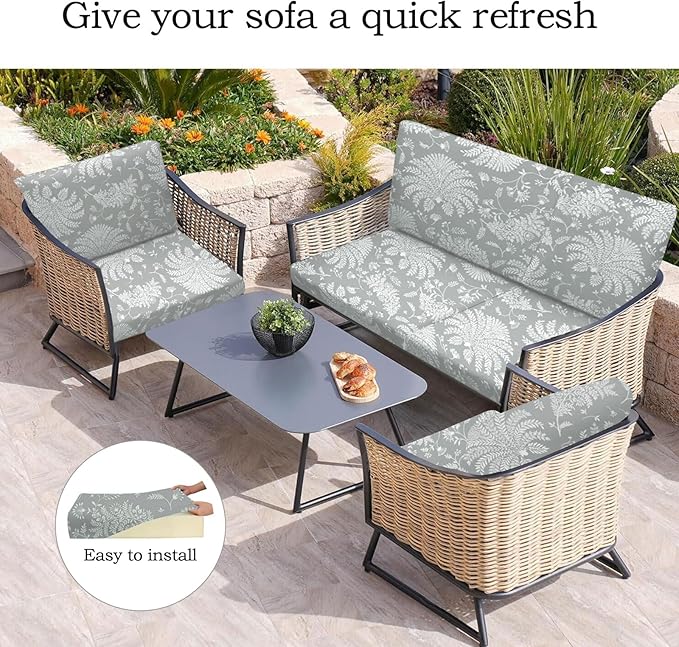 CALBODE Ourdoor Cushion Covers Waterproof Set of 12 Floral Printed Stretch Patio Chair Cushino Covers for Patio Furniture Replacement,Washable Couch Covers for Furniture(Grey)