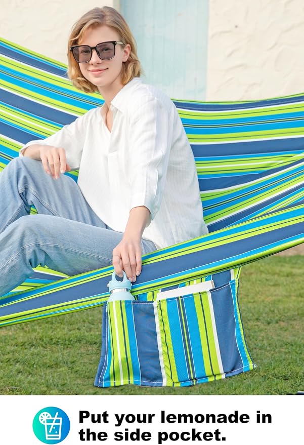 GAFETE Hammock 2 Person Quilted Fabric Hammocks for Outside, Double 12ft Hammocks with Spreader Bar, Large Removable Pillow, Storage Bag, Carabiners, Max 475 lbs Capacity (Garden)
