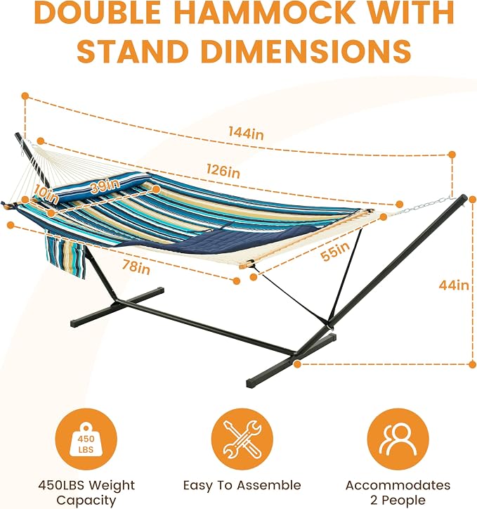 Lazy Daze Hammocks 2 Person Portable Hammock with 12FT Stand, Double Hand Woven Cotton Rope Hammock with Detachable Quilted Pad & Pillow for Outside, 450lb Capacity, Beach Stripes
