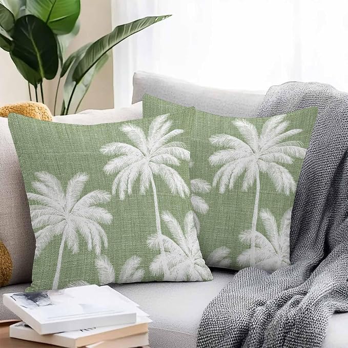 Outdoor Pillow Covers 26x26 Inch Set of 2, Dark Sage Green Palm Trees Waterproof Throw Pillow Covers, Tropical Summer Beach Decorative Cushion Pillowcases for Couch, Sofa, Bed, Garden, Patio