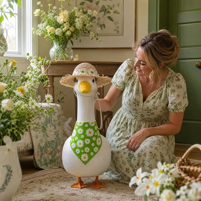 Spring Porch Goose Outfit - 2Pcs Green Daisy Flower Summer Goose Clothes with Floral Straw Hat & Bandana Bib, Lawn Garden Decor Accessories for 23 Inch Cement/Plastic Statue