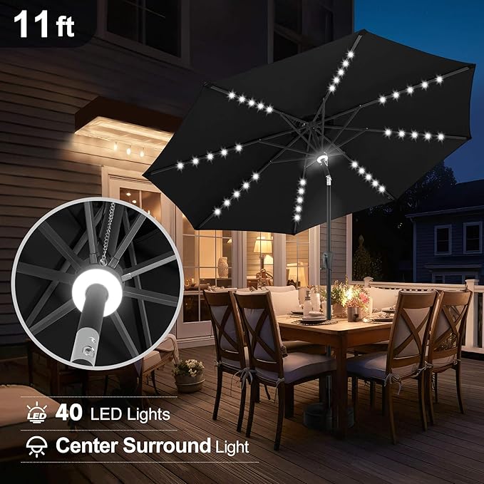 FLAME&SHADE 11 FT Solar Light Patio Umbrella, 40 LED Lights Outdoor Umbrella with Centre Surround Light, Table Market Umbrella for Deck, Pool, Porch, Backyard, Garden, UV Protection, Black