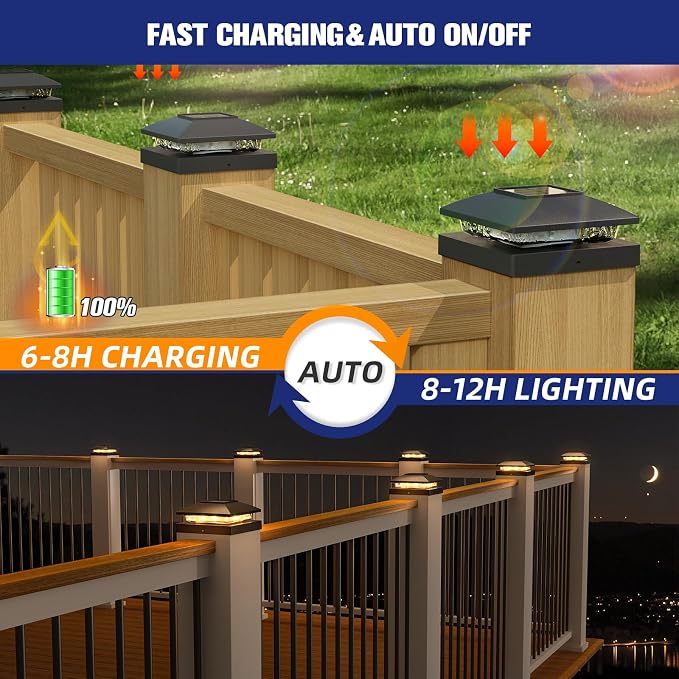 APONUO Solar Post Cap Lights for 4x4 Posts - IP64 Waterproof, 3000K LED, No-Wire Fence Lights & Deck Lights for Patio Garden Yard Patio, Black-Warm White, 20 Pack