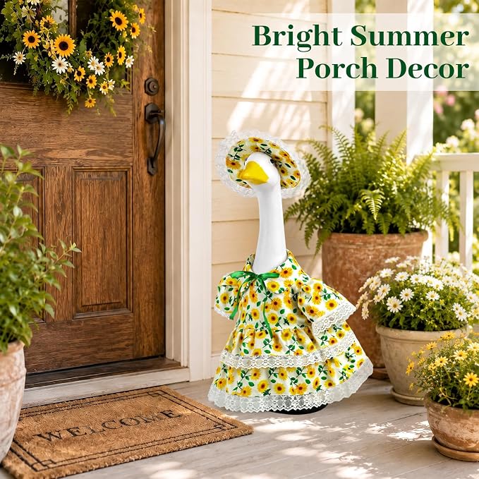 Porch Goose Outfits for 23 Inch Goose Statue, Summer Sunflower Dress with Yellow Hat and Lace Trim, Porch Goose Clothes for Outdoor Garden Lawn Patio Decor
