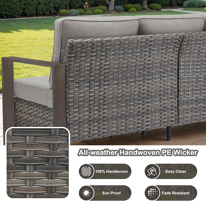 Belord 5 Piece Outdoor Wicker Patio Conversation Furniture Set Deep Seating, Metal Wide Armrests Patio Sofa Set with Rattan Chairs Ottomans for Porch Deck Sunroom Backyard