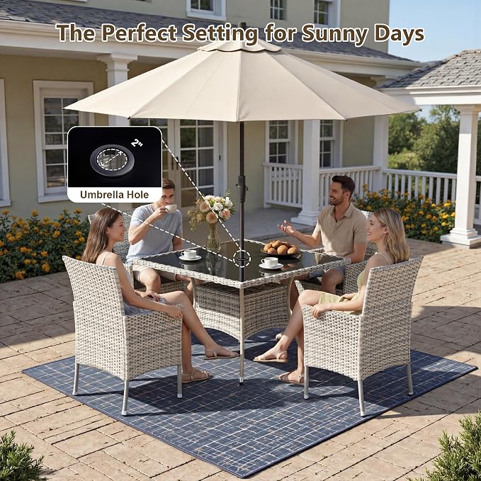 Outdoor Dining Set, 5-Piece Patio Furniture Set with Tempered Glass Table and 4 Cushioned Chairs, Dual-Strand Wicker Rattan, Balcony Furniture for Backyard, Garden, Deck,– Beige