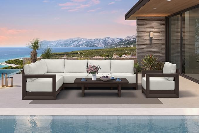 PURPLE LEAF Patio Furniture Set Open-End Outdoor Couch with 9.6" Thick Cushion and Soft Pillows 8 Piece Outdoor Sectional Sofas with Table Modern Outdoor Conversation Sets for Yard Deck Pool, Bronze