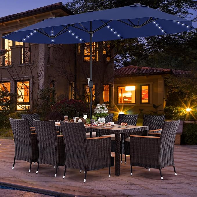 Tangkula 11 Pieces Patio Dining Set with 15ft Double-Sided LED Patio Umbrella (Base Included), Outdoor Rattan Furniture Set with 8 Stackable Chairs, Acacia Wood Dining Table and Umbrella (Navy)