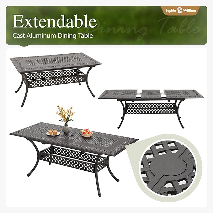 Sophia & William 7 Pieces Expandable Outdoor Dining Set for 6 People, Extendable Rectangular Cast Aluminum Patio Table and 8 Rattan Chairs Set, All Weather Patio Dining Set with 2.1?Umbrella Hole