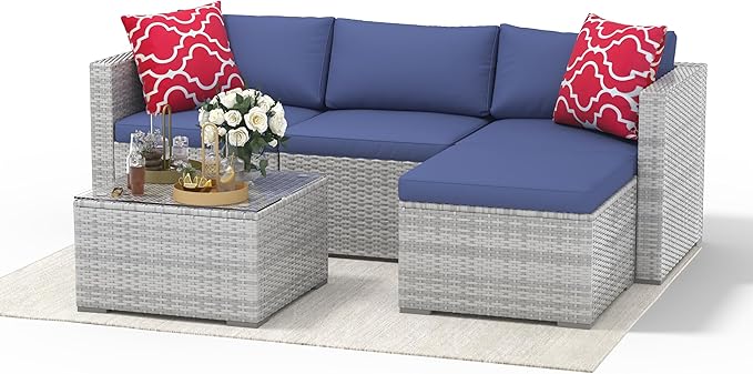 5 Piece Outdoor Patio Furniture Set, Rattan Deck Conversation Sofa Set with Non-Slip Cushions, All-Weather Sectional Sofa with Glass Storage Table and Balcony Footstool, Poolside, Garden, Porch, Gray