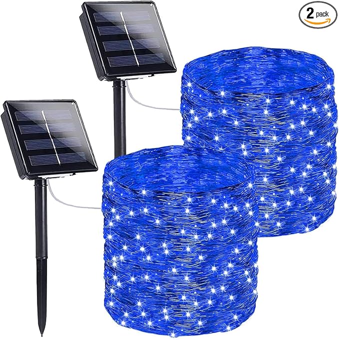 Solar Fairy Lights, 2 Pack Total 400LED 144FT Waterproof String Lights | Blue, Copper Wire, 8 Lighting Modes Solar Twinkle Lights for Tree Garden Patio Party Outdoor Christmas Decorations