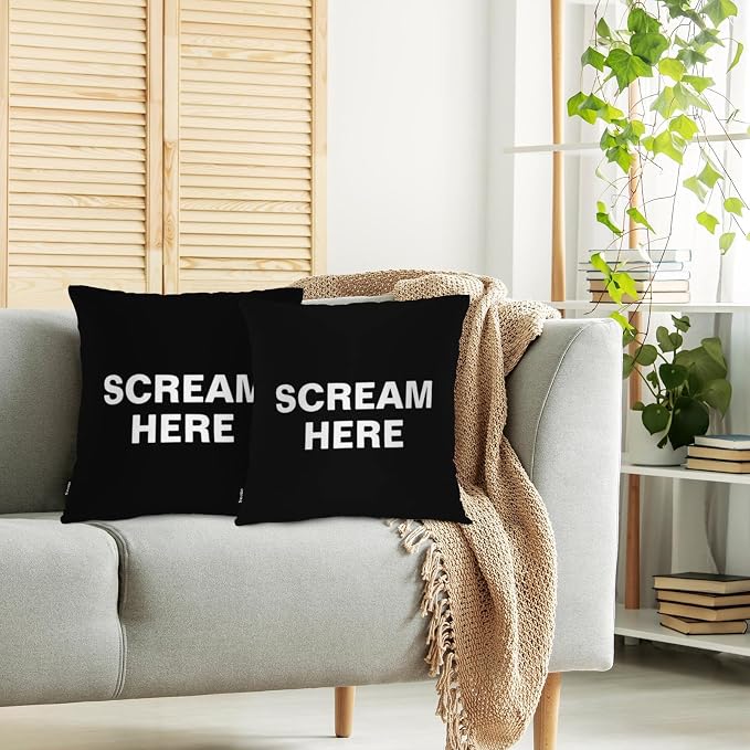 Swono Scream Here Pack of 2 Throw Pillow Cases, Funny Words Cozy Pillow Cover Square 18"X18" Cushion Case Set Pillowcase Decorative for Home Sofa Bedroom Car Office, Black White