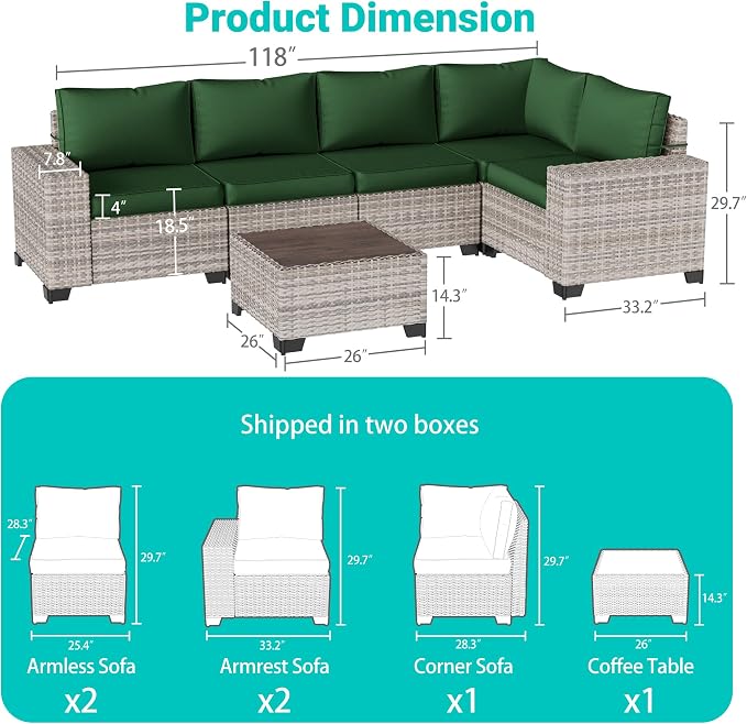 6-Piece Outdoor Patio Furniture Set Wicker Sectional Sofa Set, Patio Conversation Set with Thickened Cushions & Chunky Arms Coffee Table for Garden, Backyard, Poolside, Green