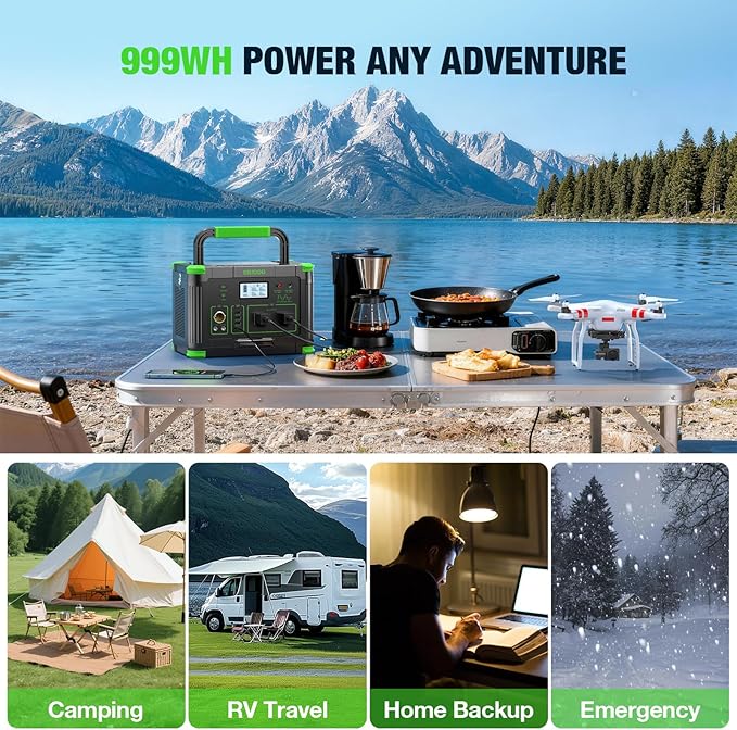 Solar Generator 1000W Portable Power Station, 120V Pure Sine Wave AC Outlets, 60W USB-C PD Fast Charging, 10 Ports for RV Trip,Camping,Home Emergency