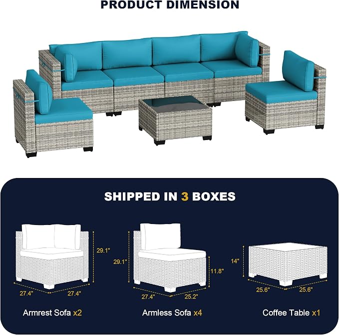 7-Piece Outdoor Patio Furniture Set, PE Wicker Rattan Sectional Sofa Conversation Set with Tempered Glass Table & Thick Cushions - All-Weather Garden, Backyard Furniture, Turquoise