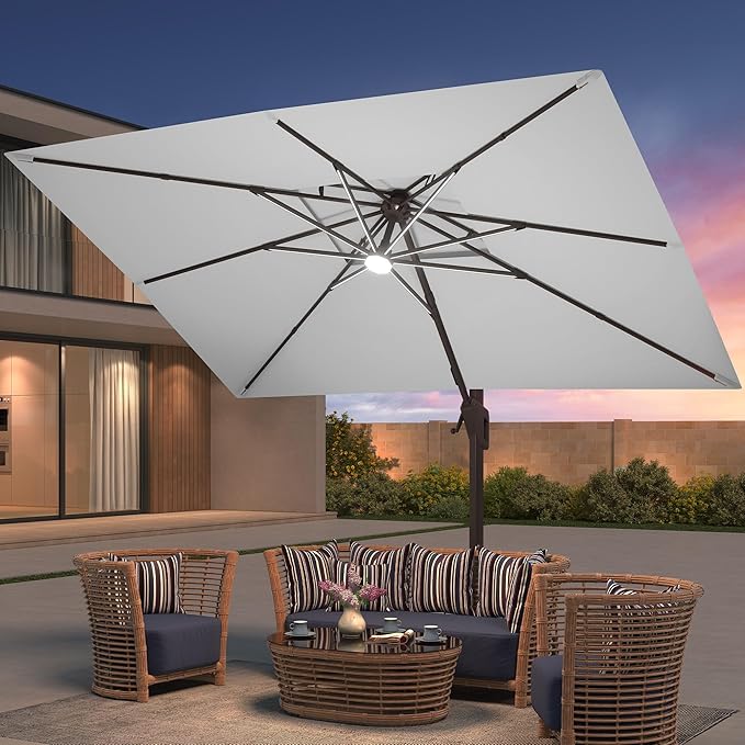 9x12 FT Patio Umbrella with Weighted Base and LED Lights Cantilever Outdoor Large Heavy Duty Rectangle Aluminum Offset Umbrellas Double Top 360 Rotation for Pool Deck Garden, Fog grey