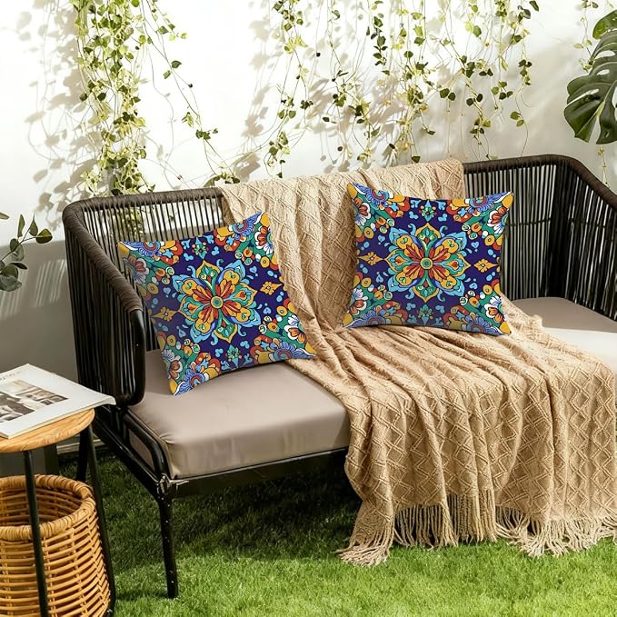22x22 Inch Outdoor Pillow Covers Set of 2 Waterproof Throw Pillow Covers Decorative Couch Cushion Covers Mexican Style Floral Square Pillowcases Protectors for Patio Garden Sofa