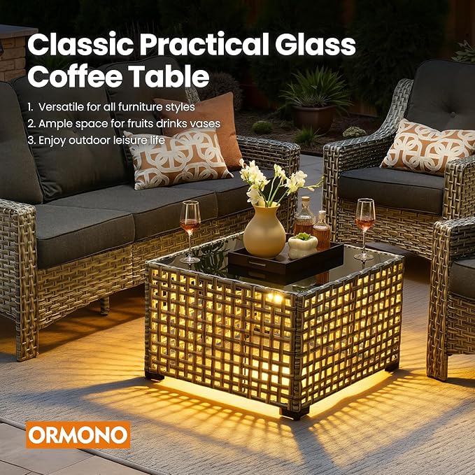 4 PCS Patio Conversation Set, All-Weather High Back Wicker Outdoor Patio Furniture Sets with Two Single Chairs, Solar Light Coffee Table,Outside Furniture for Porch Backyard Balcony,Black