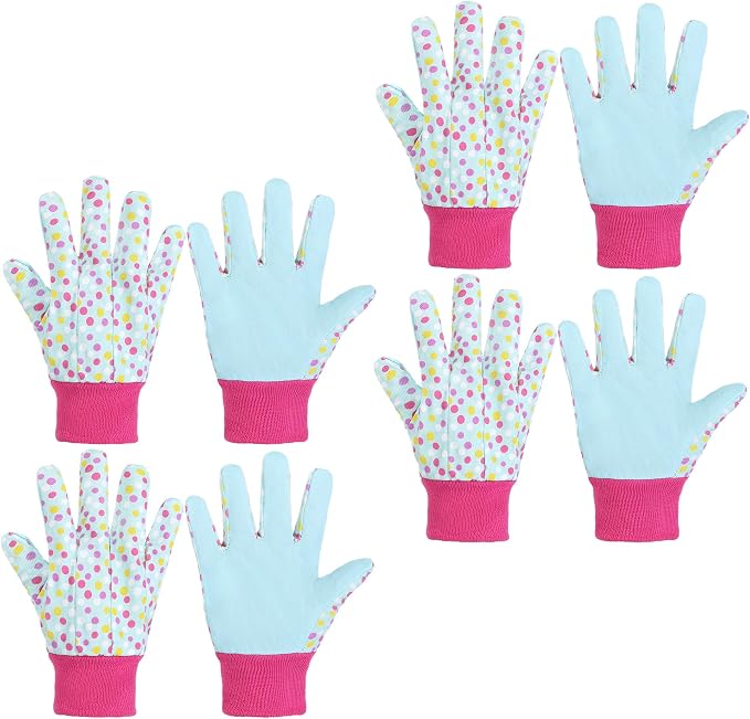 HANDLANDY 4 Pairs Kids Gardening Gloves, Girls Boys Children Garden Work Play Gloves (Pink Dot, Medium) | Girls Boys Children Garden Yard Work Play Cycling Gloves with Knit Wrist, Cute Pattern, Gift