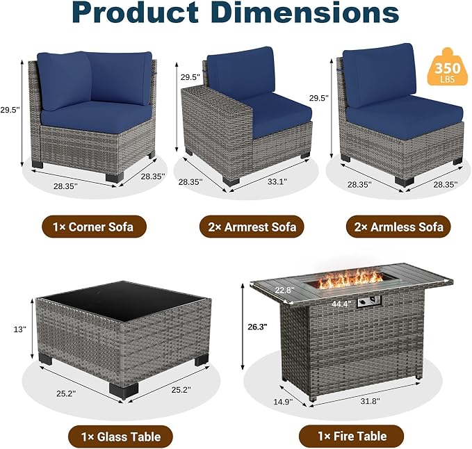 7 Piece Patio Furniture Set with Fire Pit Table, Outdoor Conversation Sets Wicker Rattan Sectional Sofa with Coffee Table for Patio Garden Backyard, 4'' Thickened Cushion Navy Blue