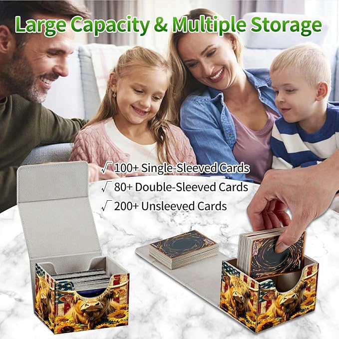 Card Deck Box for MTG, Cards Storage Box Fits 120+ Sleeved, Leather Small Size Strong Magnetic Closing Card Case for Board Games Magic TCG CCG Baseball Collection, Yellow Cow Sunflower