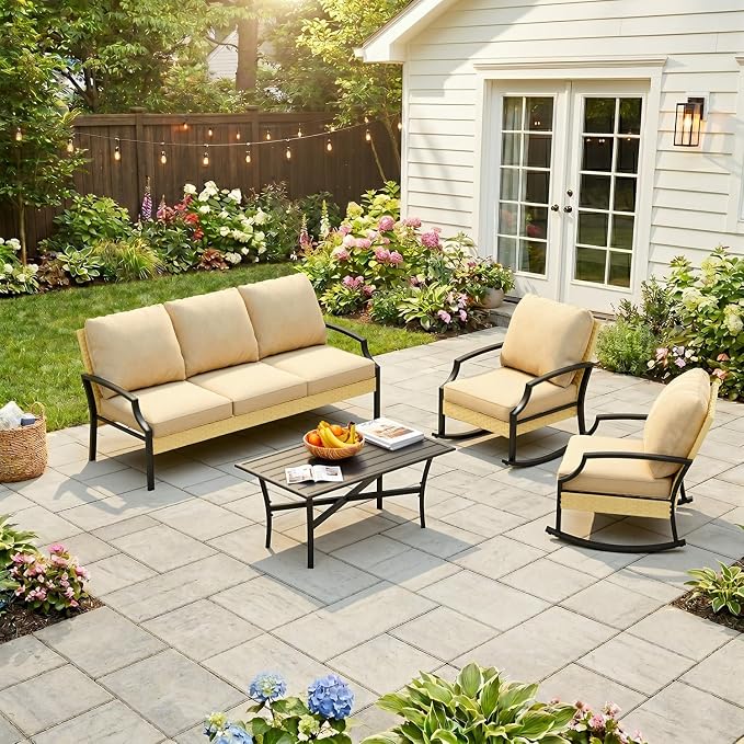 AECOJOY Patio Furniture Set, 4-Piece Wicker Rocking Conversation Set, Beige | 3mm Rust-Resistant Steel, 5-Inch Cushions, 2 Rocking Chairs and Coffee Table for Porch, Garden, Lawn and Backyard