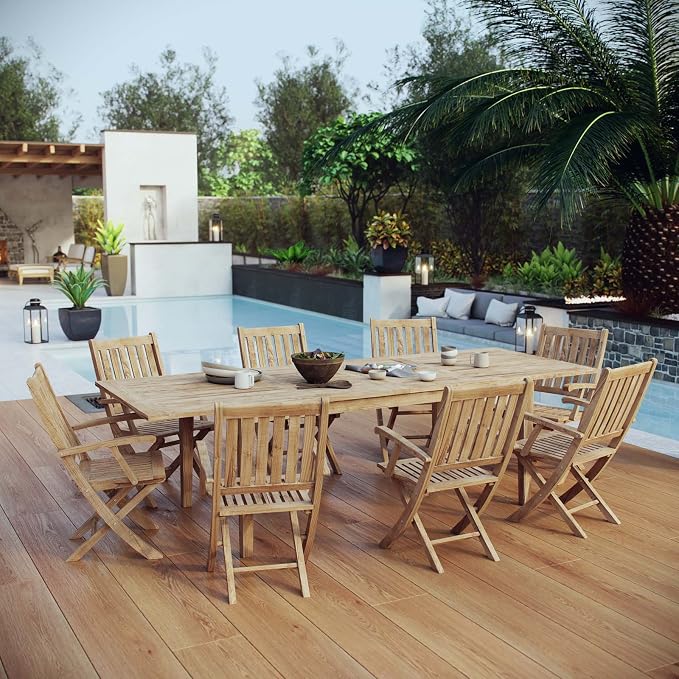 Modway EEI-3281-NAT-SET Marina Premium Grade A Teak Wood 9-Piece Outdoor Patio Dining Furniture Set, Eight Armchair/One Table, Natural