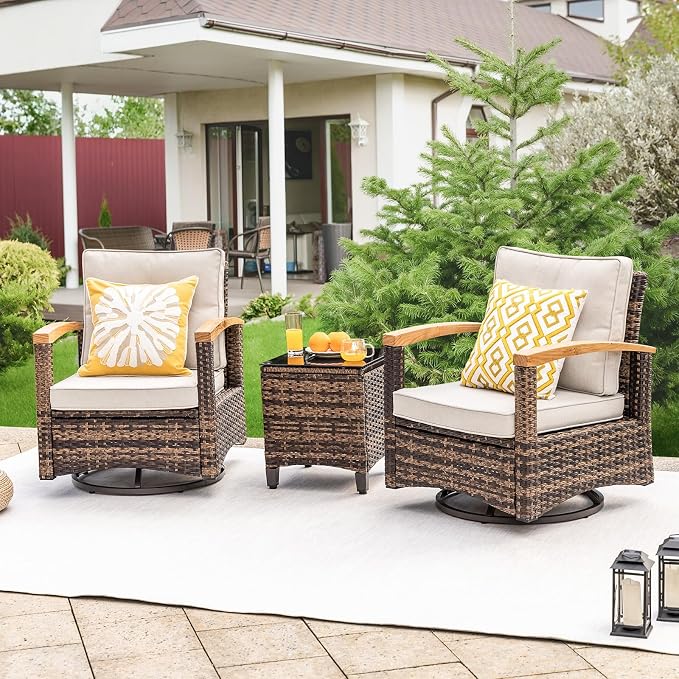 MEISSALIVVE 3 Piece Outdoor Swivel Rocker, Patio Furniture Bistro Set with 360° Wood Armrests Swivel Rocking Chairs and Side Table for Porch,Deck,Balcony(Beige)