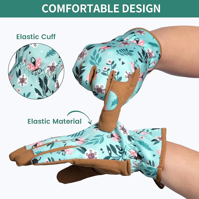 Pleneal Gardening Gloves for Women, Garden Gloves Protective Working Gloves | Abrasion Resistant, Double-Layer Padded Palm, Breathable & Sweat-Absorbent Back, Elastic Wrist Closure, Flexible & Ergonomic