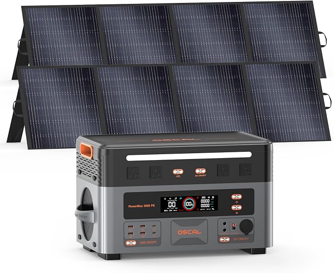 OSCAL 3600W Portable Power Station PowerMax 3600 PE with 2x200W Solar Panel, 2016Wh Solar Generator, 1.5H Fast Charge, LiFePO4 Battery Power Station for Home Backup, RV, Emergencies