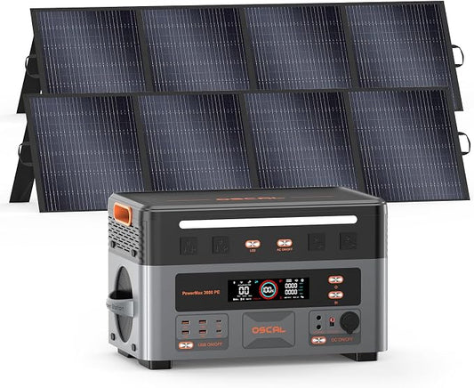 OSCAL 3600W Portable Power Station PowerMax 3600 PE with 2x200W Solar Panel, 2016Wh Solar Generator, 1.5H Fast Charge, LiFePO4 Battery Power Station for Home Backup, RV, Emergencies