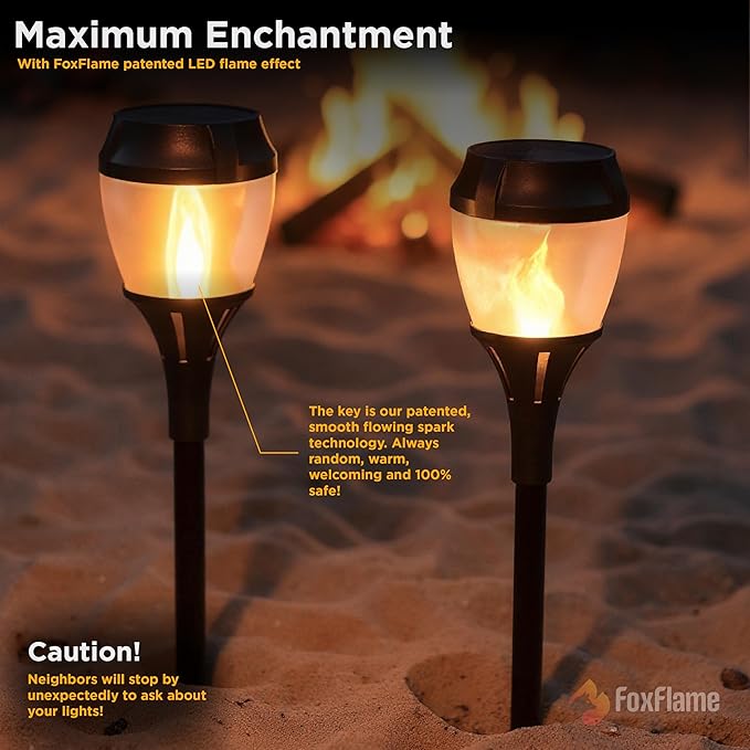 FoxFlame Solar Path Lights Outdoor Waterproof-Realistic Flickering LED Flame,IP65 Pathway Lights Solar Powered Warm Light for Garden and Walkways,Ground Stake Included for Easy Setup (6Pack)