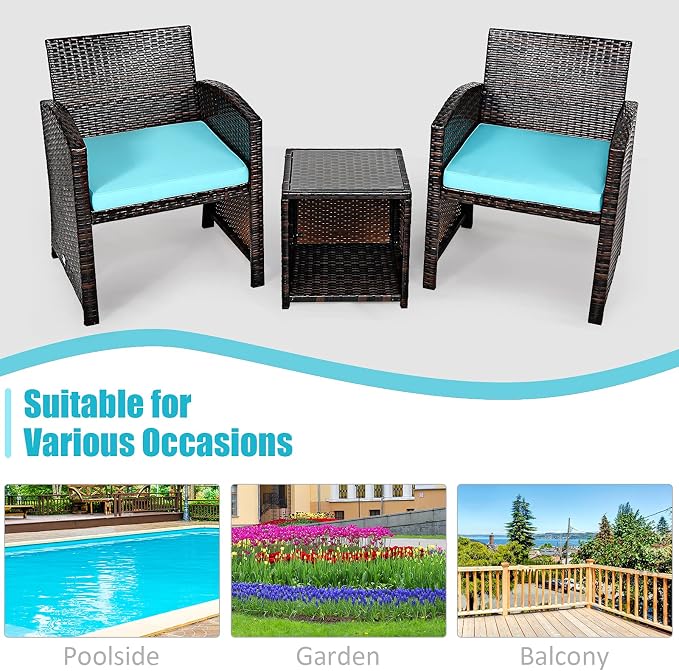 Tangkula 3-Piece Outdoor PE Rattan Furniture Set, Patio Conversation Set w/Chair & Storage Coffee Table, Detachable Cushion, Stable X-Shaped Frame, Perfect for Garden, Backyard, Poolside (Turquoise)