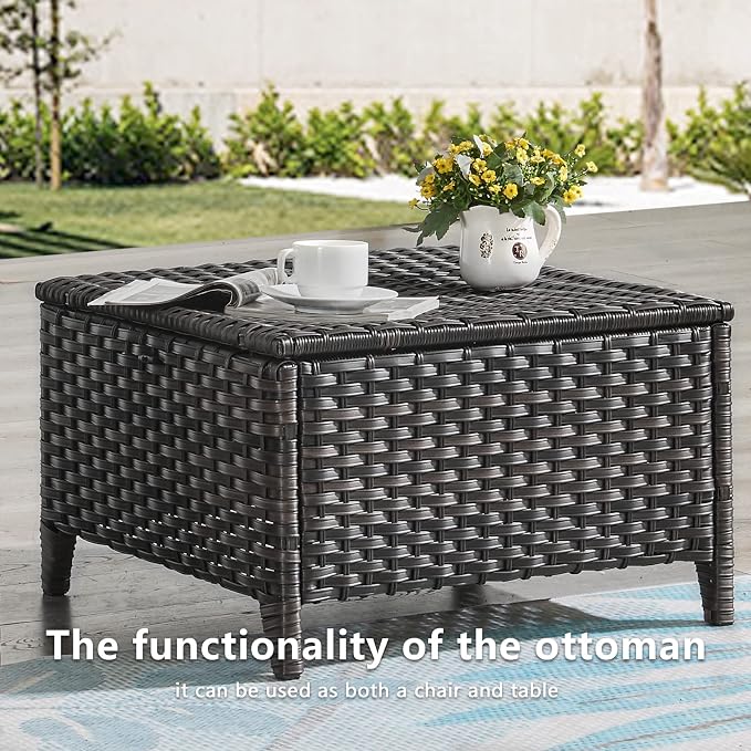 Rilyson Luxury Outdoor Wicker Patio Ottomans Set of 2, 250 lbs Capacity Rattan Large Ottomans for Patio Footrest Set 22.8in*22.8in*14in with 3.5in Thick Cushion (Mixed Grey/Red)