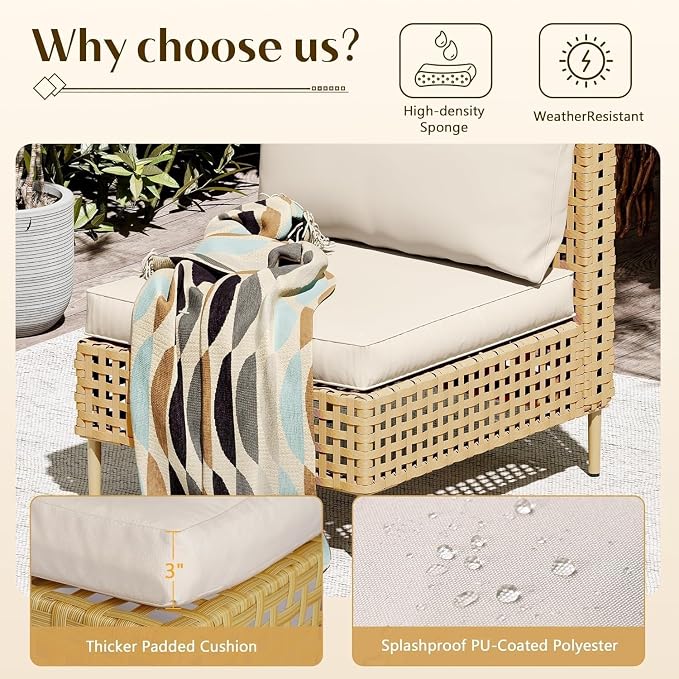 7 Piece Boho Wicker Patio Furniture Set with Fluffy Black Cushions and Coffee Table, Modular Outdoor Couch Conversation Set for Deck, Garden, Backyard, Balcony, All Weather Sectional Lounge Seating(Be