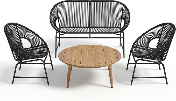 Christopher Knight Home Dessa 4 Piece Patio Furniture Set with Acacia Wood Coffee Table, 4 Seater PE Rattan Outdoor Conversation Set, Metal Outdoor Sectional Sofa Set, Beige+White, Black