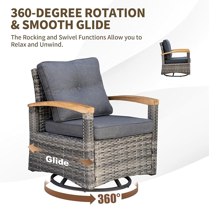 MEISSALIVVE 8 Pieces Patio Furniture Sets, PE Wicker Outdoor Conversation Sets with 2 Wood Armrests Swivel Rocker Chairs, 2 Fixed Single Chairs, 2 Ottomans and Dining Table(Grey)