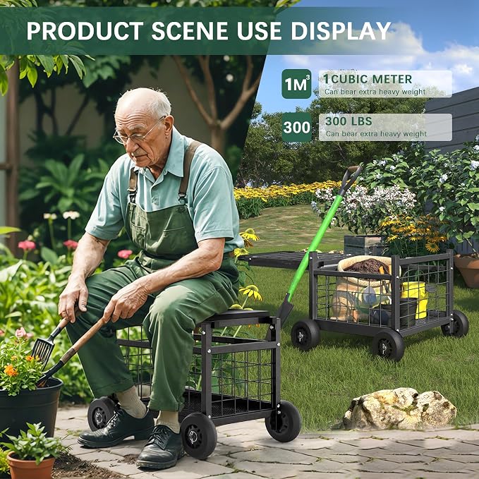 Garden Cart with Seat,3-in-1 Rolling Seat with Wheels for Gardening Seniors | Upgraded Heavy Duty Gardenning Cart with Seat, Supports up to 600 LBS for Seniors, Lawn, Patio & Backyard Gardening, Black