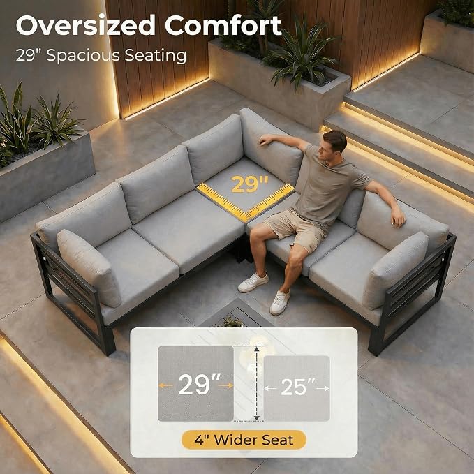 NICESOUL Powder Coated Aluminum Patio Furniture Set with Fire Pit Table, 7 Piece Deep Seat Extra Wide Outdoor Sectional Sofa for 6, L Shaped Luxury Large Conversation Set for Poolside, Light Gray
