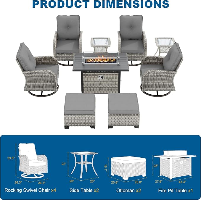 9-Piece Small Patio Furniture Set, Outdoor Swivel Rocking Chairs Set with 55,000 BTU Fire Pit Table Wicker Chairs and Ottomans, Patio Bistro Set for Balcony, Deck, Porch, Grey